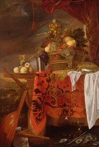 Ein Korb mit gemischtem Obst, vergoldeter Becher, Silberkelch, Nautilus, Glas und Pfirsiche auf einem Teller von Jan Davidsz de Heem