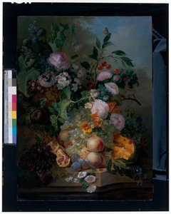 Stillleben mit Blumen, Birnen, Trauben, Kirschen, einer Melone und Schmetterlingen von Jan Evert Morel