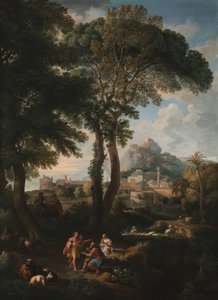 Eine klassische Flusslandschaft mit Figuren, die sich auf einer Straße im Vordergrund begrüßen, mit Blick auf eine Stadt in der Ferne
