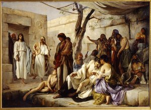 Das Wunder am Teich Bethesda. Auf dem Weg von Beth Zeta (Israel) nach Jerusalem nähert sich Jesus Christus dem Teich, wo sich die Gelähmten versammeln, und heilt auf wundersame Weise einen Kranken. Gemälde von Jan