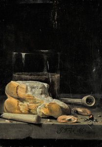 Stillleben mit Brot, Garnelen, einer Pfeife und einem Glas Bier auf einem Tisch