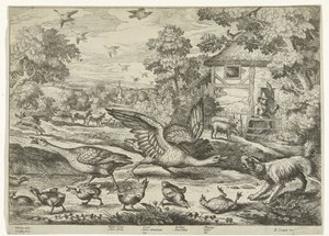 Landschaft mit zwei Gänsen, die ihre Jungen verteidigen