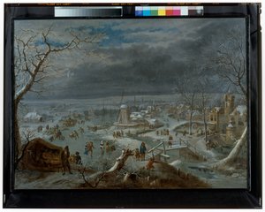 Winterlandschaft mit Schlittschuhläufern auf einem gefrorenen Teich bei einem Dorf