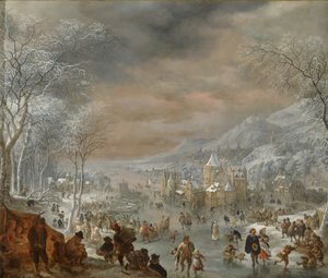 Winterlandschaft mit Schlittschuhläufern, Kirche und Dorf am Ufer eines Flusses