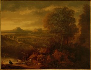 Südliche Landschaft mit Hirten, Herde und Jagdszene
