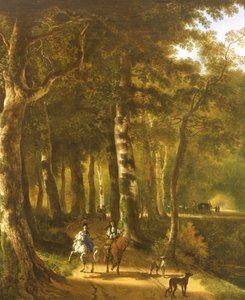 Reisende auf einem Pfad in einer bewaldeten Landschaft von Jan Hackaert
