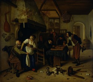 Innenraum eines Gasthauses mit einem alten Mann, der sich mit der Wirtin amüsiert, und zwei Männern, die Backgammon spielen, bekannt als 