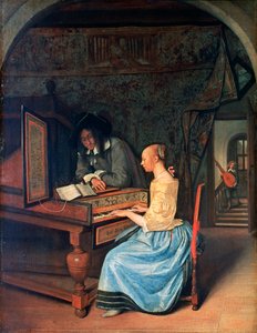 Eine junge Frau spielt ein Cembalo, um 1659