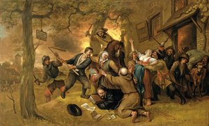 Bauern und Soldaten vor einer Taverne - Eine Allegorie auf die Vergewaltigung der Niederlande von Jan Havickszoon Steen