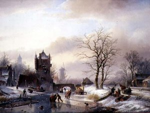 Schlittschuhläufer auf einem zugefrorenen Fluss