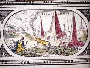 Darstellung der Sieben Weltwunder der Antike: die Pyramiden von Ägypten. im Atlas von Jansson Jannsonius, gedruckt in Amsterdam im Jahr 1630. Private Sammlung von Jan Janssonius