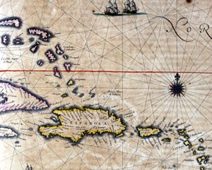 Die Karibik und Turtle Island (Nordwesten von Santo Domingo) auf einer Karte des niederländischen Kartographen Jansson Janssonius, 17. Jahrhundert