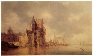 Ein mittelalterlicher Turm auf einer Burgmauer mit Segelschiffen an einem Steg und einem Ruderboot im Vordergrund, ca. 1642 von Jan Josephsz van Goyen