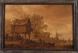 Ein Dorf am Flussufer mit Bauern in einem Boot bei einem Taubenschlag, 1651