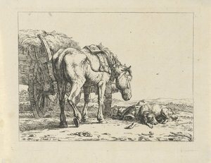 Pferd und Hund bei einem Heuwagen