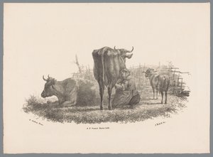 Melkende Bäuerin, zwei Kühe und ein Widder