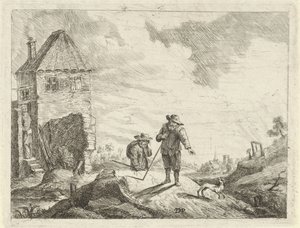 Zwei Bauern mit einem Hund auf einem Feldweg von Jan Lauwryn Krafft (I) (possibly)