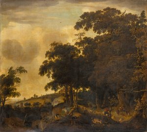 Eine bewaldete Landschaft mit Holzfällern