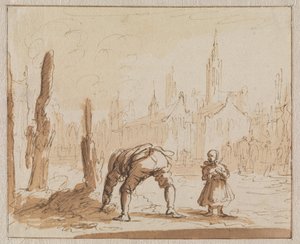 Adriaen Wens sucht in der Asche nach der Mundschraube, die man seiner Mutter in Antwerpen angelegt hatte, 1573 von Jan Luyken