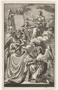 Allegorische Frauenfigur beschreibt in den Wolken ein Paneel