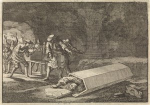 Bestattungsdiener in Rom sehen, dass Antonio Marlini, den sie einige Tage zuvor in einem Gewölbe beigesetzt hatten, nur scheintot gewesen sein muss, 1696