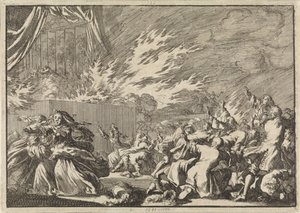 Brand eines Holzschuppens mit einer Theatervorstellung neben Schloss Amalienborg in Kopenhagen, 1689