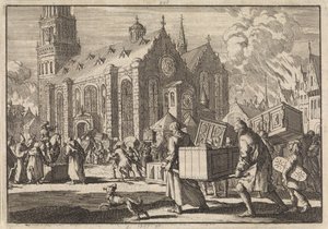Einwohner von Speyer bringen vertrauensvoll ihre Möbel zum Dom, wo sie dann vom französischen General Monclar verbrannt werden, 1689 von Jan Luyken