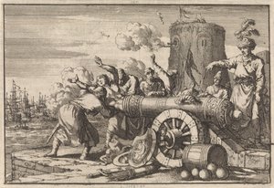 Während des französischen Bombardements auf Algier wird der französische Konsul von den Algeriern in eine Kanone geladen und getötet, 1683 von Jan Luyken
