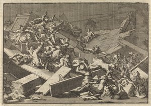 Boden der Hauskirche des kaiserlichen Bevollmächtigten Graf von Bercka stürzt ein, 1697 von Jan Luyken