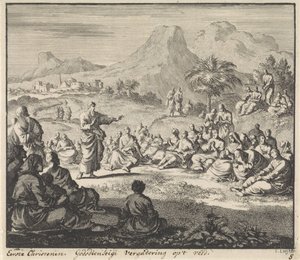 Frühe Christen hören eine Predigt in der Wildnis von Jan Luyken
