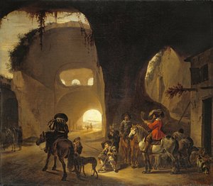 Falkenjäger vor einem Gasthaus in einer Ruine von Jan Miel