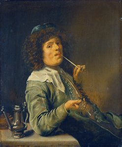 Mann raucht und hält ein leeres Weinglas von Jan Miense Molenaer