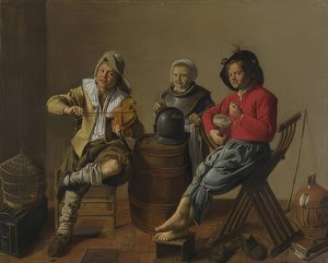 Zwei Jungen und ein Mädchen, musizierend