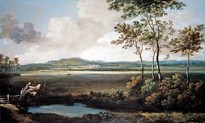 Weite Landschaft mit einem Bach und grasenden Pferden