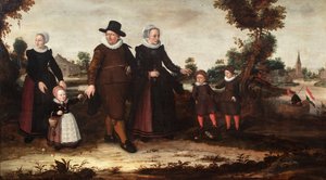 Eine Gruppenporträt des Malers Jan Siewertz Kolm, seiner Frau Fijtge Lindemans, ihrer Kinder Anna Jansdr., Siewert Jansz., und Hans Jansz. mit einer Dienstmagd von Jan Siewertz Kolm