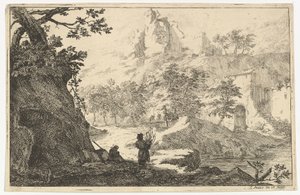 Landschaft mit Ruinen einer Burg auf einem Hügel, frühes 18. Jahrhundert