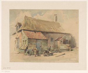 Bauernhaus mit Holzvorbau, davor eine Schubkarre und ein Schleifstein von Jan Striening
