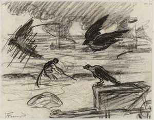 Meeresansicht mit Fischer, im Vordergrund eine Schubkarre mit Vögeln von Jan Toorop