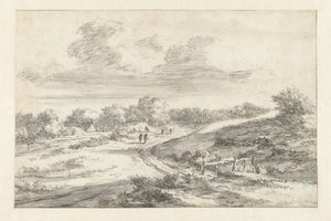 Dünenlandschaft mit Figuren entlang einer Straße, mit einer Hütte in der Ferne