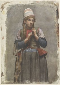 Stehendes Mädchen in Tracht mit Schlittschuhen