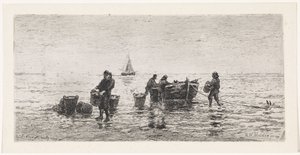 Fischer entladen ein Boot am Strand von Johannes Martinus Vrolijk