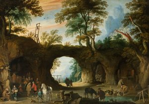 Jan Wildens - Wallfahrtsort in einer felsigen Landschaft von Jan Wildens