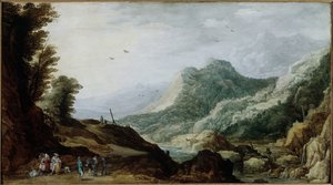 Berglandschaft mit einer Bauernfamilie am Straßenrand (Gemälde, ca. 1620-1630) von Jan and Momper Joos de  Brueghel