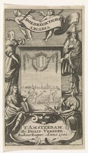Vier Figuren umrahmen ein Bild von Dordrecht