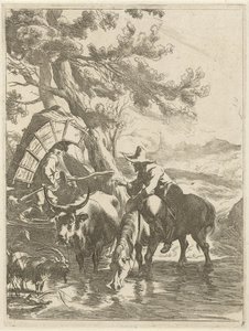 Hirte und beladener Junge an einem Bach