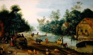 Waldige Flusslandschaft im Sommer mit Reisenden, die in einem Gasthaus ankommen von Jan the Elder (circle of) Brueghel