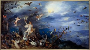 Allegorie der Luft. Junge nackte Frau, umgeben von allen Arten von Vögeln