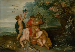 Allegorie der vier Elemente: Wasser, Luft, Erde und Feuer, um 1610 von Jan the Elder Brueghel