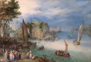 Flusslandschaft mit Booten und Figuren