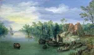 Flussfahrzeuge in der Nähe eines Stegs, 1597